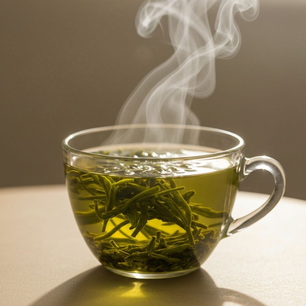 Fresh green tea cup with loose leaves